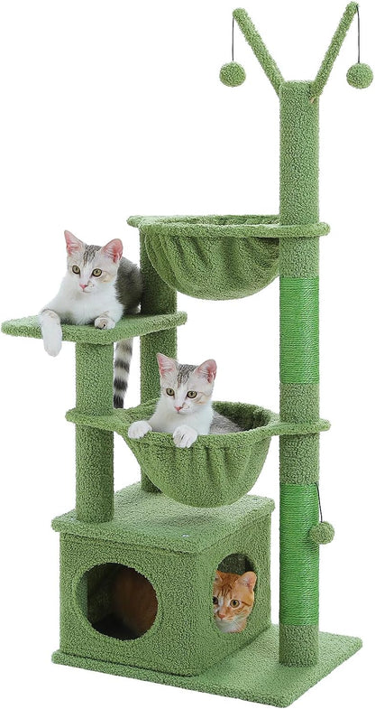 Cactus Cat Tree, 47.6" Cat Tower with 2 Metal Frame Hammock, Cat Scratching Post for Indoor Cats with 2 Removable Pompom Sticks for Kittens, Green