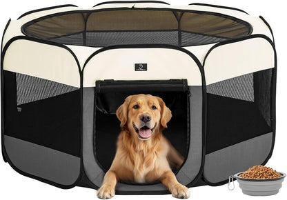 A4Pet Dog Playpen Indoor, 49” Portable Playpen with Bowl, Suitable for Puppies, Kittens, and Small Animals, Removable Zipper & Mesh Panel(16”W × 10”H)
