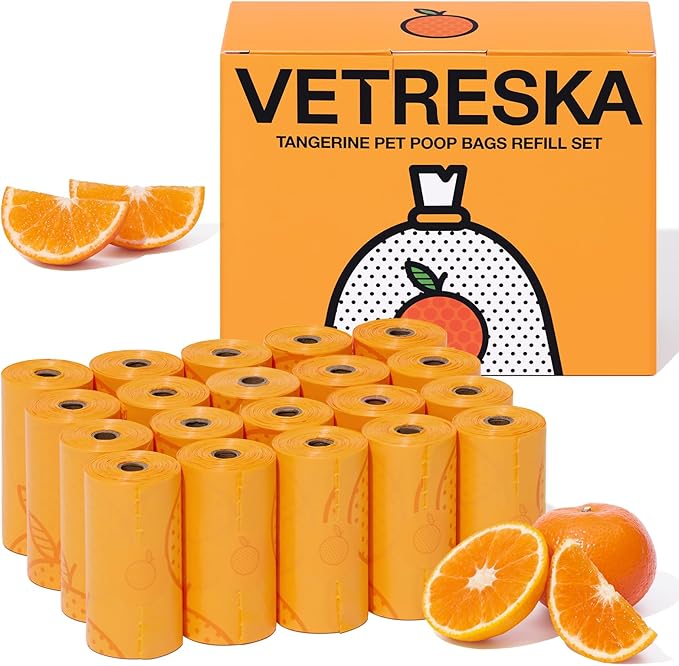 VETRESKA Citrus Scented Dog Poop Bags, Leak Proof, Extra Thick and Large Pet Waste Bags for Dogs Walking, Cat Litter and Babies' Diaper, 300 Count Bags (20 Refill Rolls), Orange