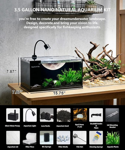 Fish Tank Kit,3.5 Gallon Small Aquarium,Ultra-Clear Nano Aquarium,Betta Fish Tank,Suitable for Small Fish Tank,Aquarium Starter kit,Desktop Fish Tank (Planet Background)
