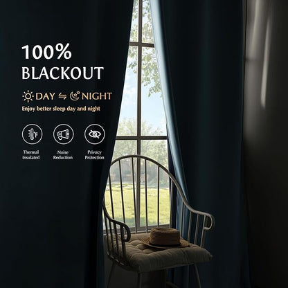 Beauoop Dusty Blue 100% Blackout Curtains 63 Inch Long 2 Panels