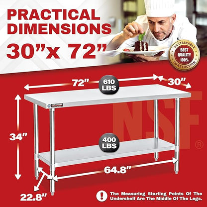 DuraSteel 30x72 Stainless Steel Prep Table - NSF Commercial Kitchen Metal Worktable - Large Laboratory Benches with Under Shelf - For Laundry Room, Kitchen, Garage, Restaurant