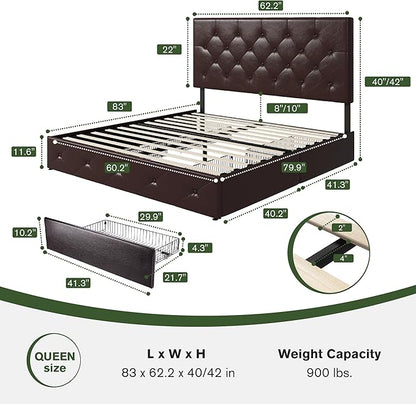 MUTICOR Queen Size Bed Frame with 4 Storage Drawers, Upholstered Platform Bed with Button Tufted Adjustable Headboard, No Box Spring Needed, Easy Assembly, Diamond Tufted, Brown Leather