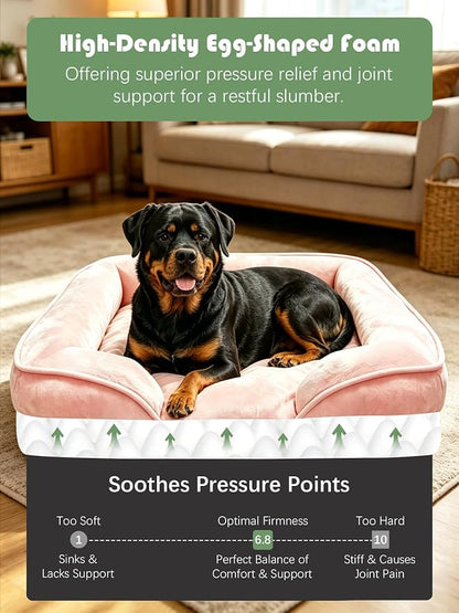 Spotted Play Orthopedic Dog Bed with Sides - Sofa Beds for Extra Large Dogs, Supportive Foam Pet Couch Bed with Washable Removable Cover, Waterproof Lining and Non-Slip Bottom, Pink - XL