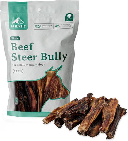 BARK'N BIG Thick Steer Sticks for Dogs - Chew Stick for Dogs, Odor Free Pizzle Sticks, Bully Chews Made in USA & Sourced in The USA - 5-6 Inch - 12 Ct