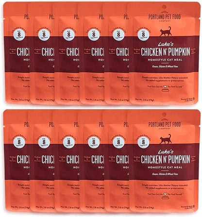 Portland Pet Food Company Human-Grade Mixed Variety Pack Wet Cat Food Pouch Luke's Chicken N' Pumpkin - Moist, Soft Cat Food Mixer, Topper, and Rotational Meal - 12 Pack