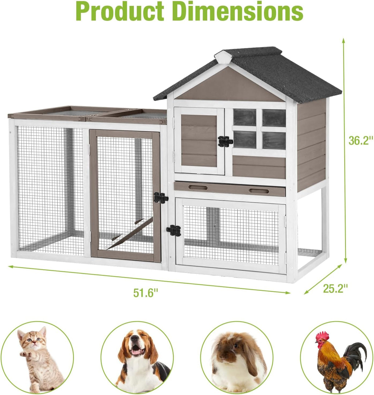 GUTINNEEN Rabbit Hutch Indoor Chicken Coop Outdoor, 51.6''L 2 Story Bunny Cage Weatherproof, Guinea Pig House with Run (Brown)