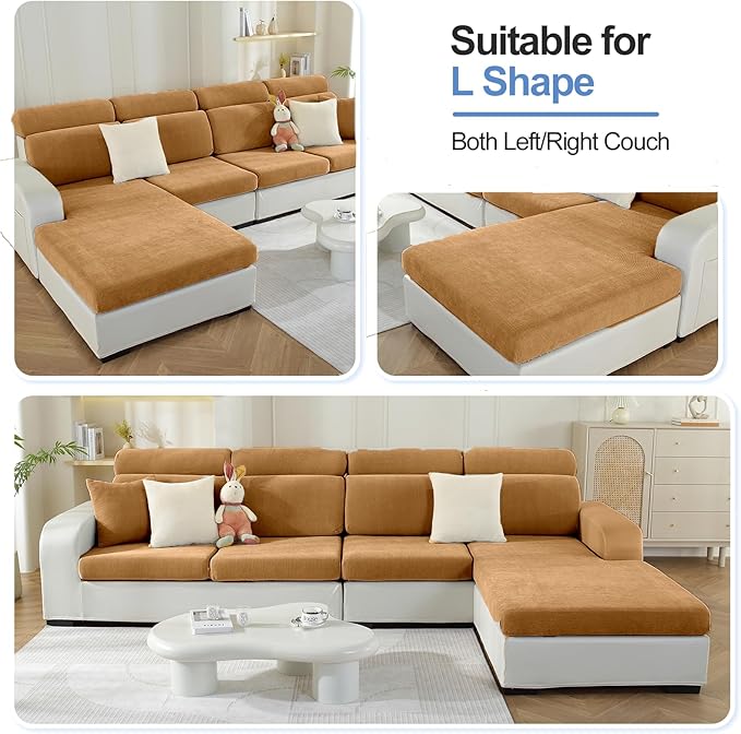 Sectional Couch Covers for L Shaped Sectional Sofa (Left or Right Facing) – Softer Chenille Sofa Covers Washable, Non-Slip Stretch Chaise Slipcover (Only 1PC Chaise Cushion Cover, Khaki)