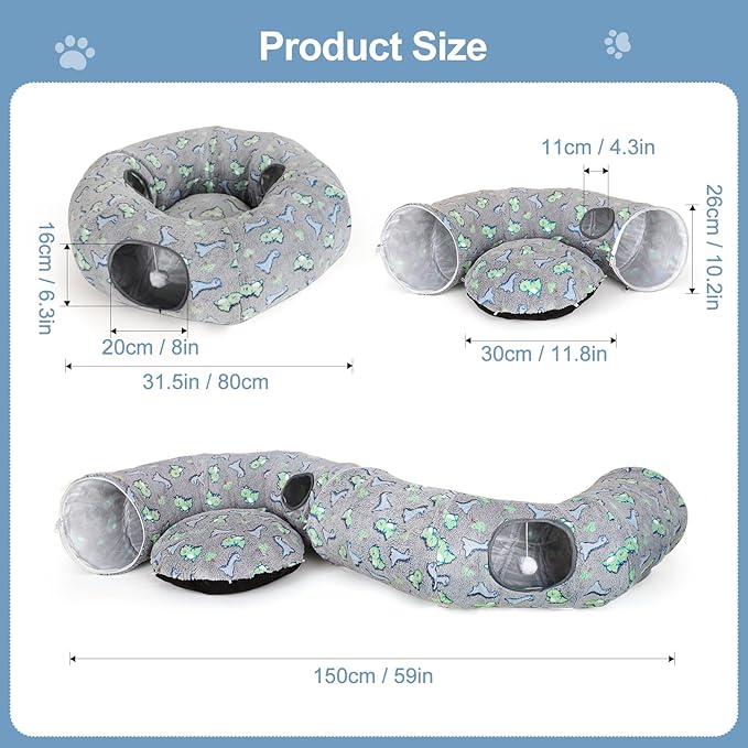 Cat Tunnel Bed, Foldable Cat Donut Tunnel with Removable Cushion & Toy Ball, Stress Relief Fun, Round Pet Play Tunnel for Indoor Cats, Kittens and Small Pets (3D Dinosaur Pattern)