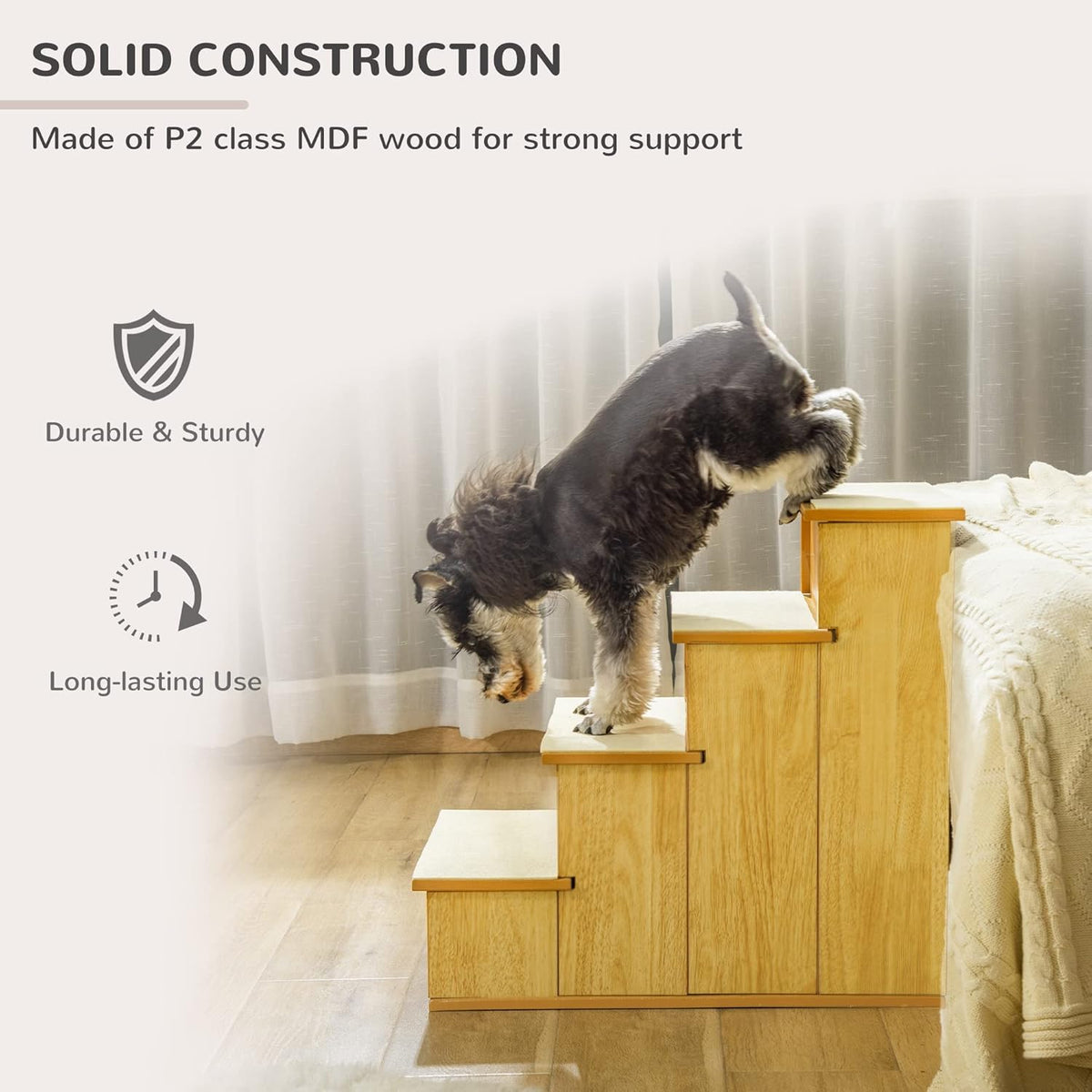 PawHut Pet Stairs, Small Pet Steps with Cushioned Removable Covering for Dogs and Cats Up to 22 Lbs., Natural