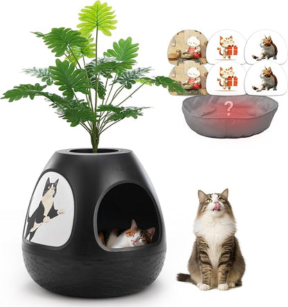 Copod8 Cat Cave, 3-in-1 Kitty House Condo with Plant, Cat Cushioned Bed, Cat Scratchers, Modern Cat Pet Furniture for Indoor, Kitty Hiding Spot (Black, M)