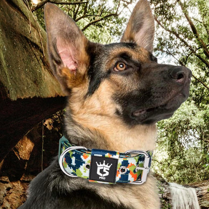 TSPRO Tactical Dog Collar, 1.5 inch Wide, Camo Green, Polyester, Heavy Duty Metal Buckle, Size S