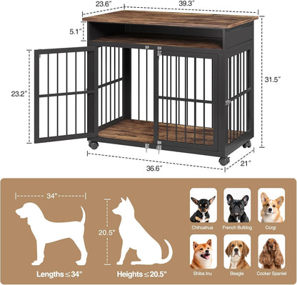 39.4" Dog Crate Furniture for Medium and Large Breed, Dog Kennel Furniture with Storage Shelf & Lockable Wheels, Heavy Duty Wooden End Side Table Pet Cage Indoor, Chew-Resistant, Brown