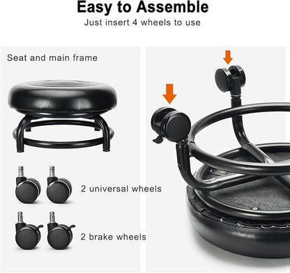 LWADALN Low Height Rolling Stool Low Roller Stool PU Leather Comfortable Chair, Modern Low Rolling Stool for Home Office Garage Shop