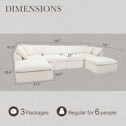 Cloud Modular Sectional Sofa Couch,141” U-Shape Sofa with Wide Armrest, Modern High-Density Sponge Compressed Couch for Living Room, Bedroom,No Assembly Needed (White, 4 Seats+ 2 Ottoman)