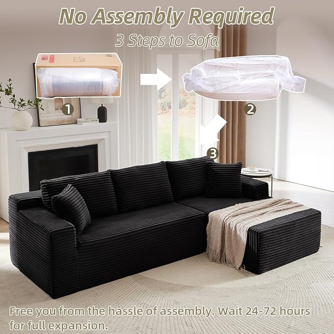 104 Inch Cloud Sectional Couch with L-Shape Chaise,Modern Upholstered Couches with Deep Seat,Corduroy Sponge Compressed Sofa for Living Room, Bedroom,No Assembly Required(Black)
