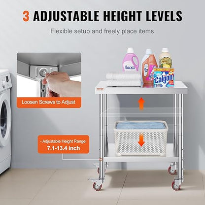 Mophorn 30x18x34 Inch Stainless Steel Work Table 3-Stage Adjustable Shelf with 4 Wheels Heavy Duty Commercial Food Prep Worktable with Brake for Kitchen Prep Work