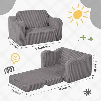 MeMoreCool Toddler Chair Comfy for 1-3 Years Old, Corduroy Kids Couch Bed Fold Out, 2-in-1 Foldable Baby Lounge Chair, Pull Out Children Sofa Bed, Light Grey