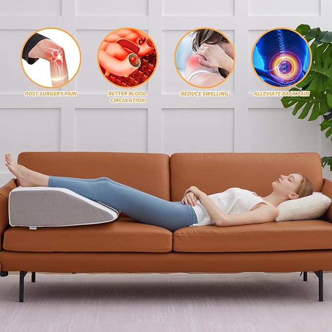 Bedluxe Leg Elevation Pillows, Leg Pillows for Sleeping, Cooling Gel Memory Foam Top, Wedge Pillow for Legs, Leg Wedges for Circulation, Swelling, After Surgery - Removable Cover (6 Inch, White/Grey)