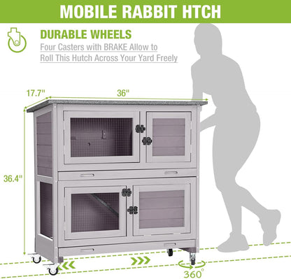 Rabbit Hutch Bunny Cage, Guinea Pig Cage Bunny Hutch Indoor, Wood Pet Cage with 4 Casters -2 Story & 2 Trays