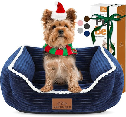 Cat Dog Bed for Pets, Rectangle Pet Bed Gift for Puppy and Kitten, Machine Washable Calming Fluffy Pet Couch Sofa for Indoor Outdoor, Portable Soft Cat Bed with Non-Slip Bottom (Small, Blue)