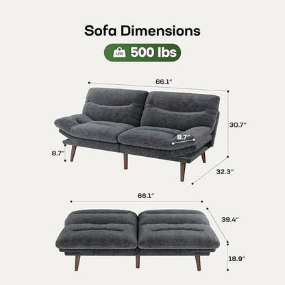 Marsail Futon Sofa Bed, Futon Couch with Adjustable Backrest & Armrests, Convertible Small Sleeper Sofa Bed for Small Apartments, Study Room, Office, Corduroy Loveseat, Dark Grey