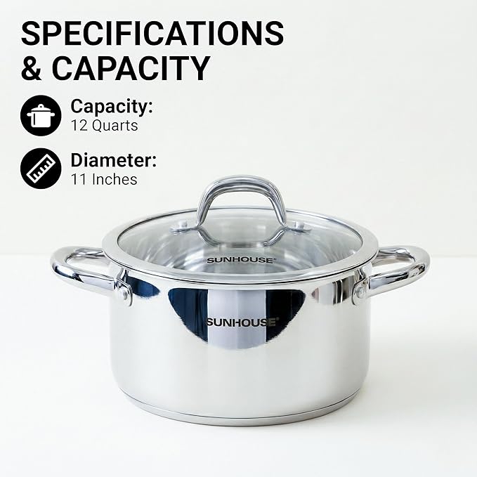 Sunhouse Professional 12-Quart Whole-Clad Multi-Ply Stainless Steel Stock Pot