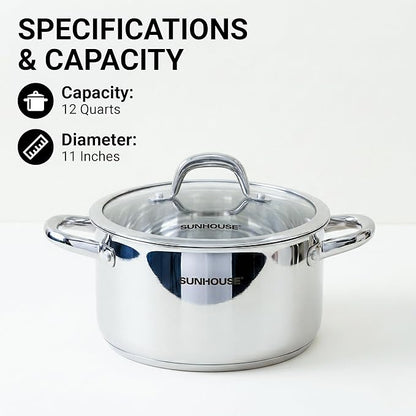 Sunhouse Professional 12-Quart Whole-Clad Multi-Ply Stainless Steel Stock Pot