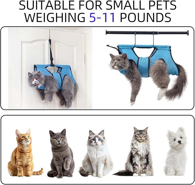 Pet Grooming Hammock for 6-11 lbs Pets - Adjustable Height, Tool Bag, 30 lb Capacity, Door-Hook Hanging, Foldable, Blue