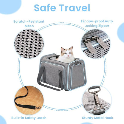 Petsfit Expandable Cat Carrier for 2 Cats Small Dog Carriers, Soft-Sided Portable Washable Pet Travel Carrier with Two Extension for Kittens, Puppies, Rabbits, 19 x 12x 12 inches, Light Grey
