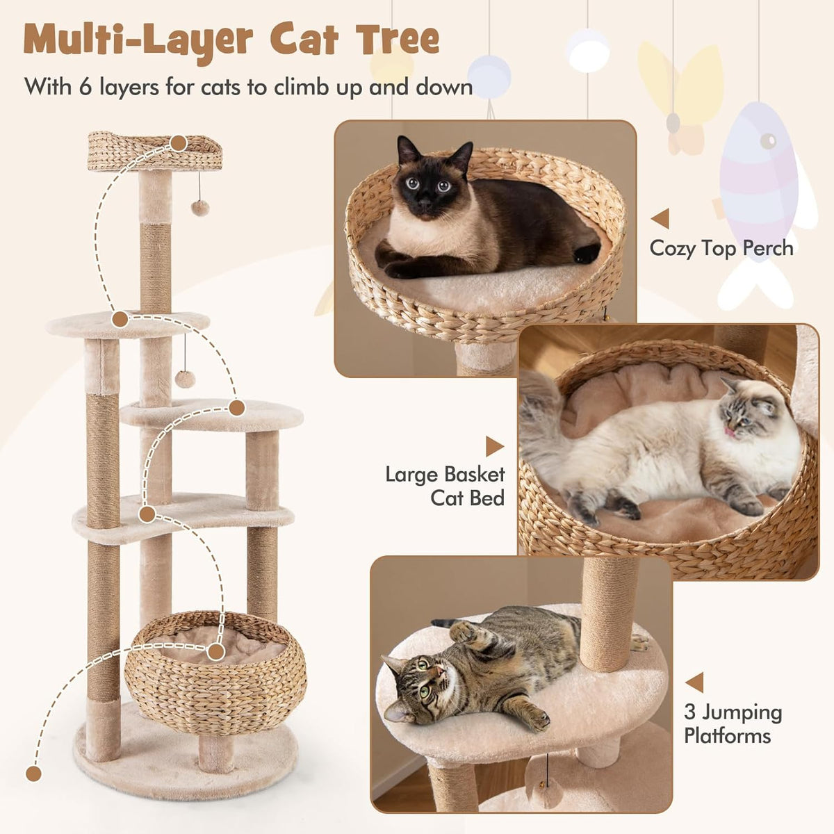 PETSITE 65 inch Cattail Cat Tree Tower, Multi-Level Cat Tower with Natural Jute Scratching Posts, Cat Bed, Top Perch, Dangling Balls and Jumping Platforms, Modern Tall Cat Tree for Indoor Cats