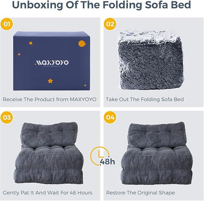 MAXYOYO Folding Sofa Bed, Convertible Sleeper Chair with Pillow Foldable Mattress with Back Support, Portable Fold Out Chair Bed Comfy Floor Sofa Lounge for Living Room Bedroom, Dark Grey, Single