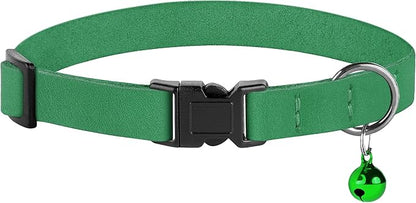 Breakaway Cat Collar Leather with Removable Bell - 13 Colors Available - Soft Adjustable Girl Boy Safety Lightweight Pet Kitten Collars Pink Brown Blue Green Red Orange Black (Green)