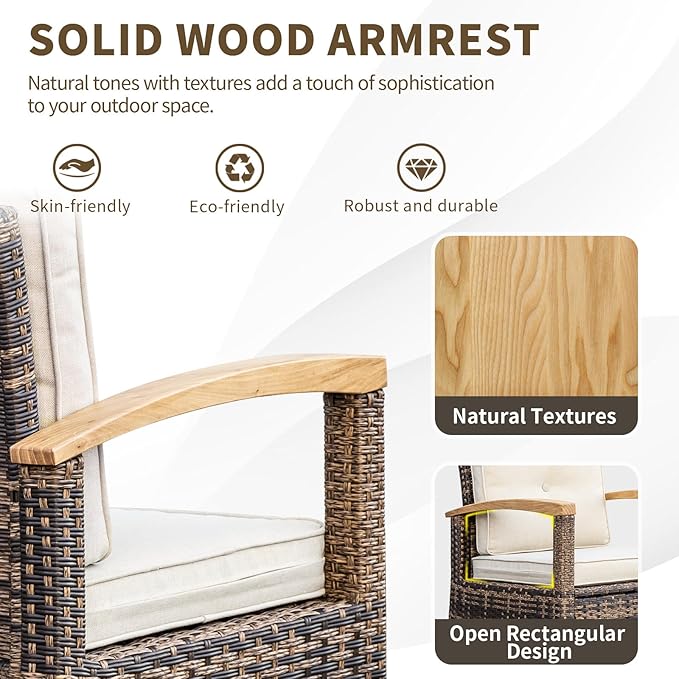 MEISSALIVVE 7 Pieces Patio Furniture Sets,PE Wicker Outdoor Conversation Sets with 2 Wood Armrests Swivel Rocker Chairs, 2 Ottoman, 2-seat Sofa and Coffee Table(Brown)