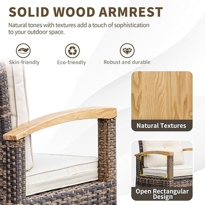 MEISSALIVVE 7 Pieces Patio Furniture Sets,PE Wicker Outdoor Conversation Sets with 2 Wood Armrests Swivel Rocker Chairs, 2 Ottoman, 2-seat Sofa and Coffee Table(Brown)