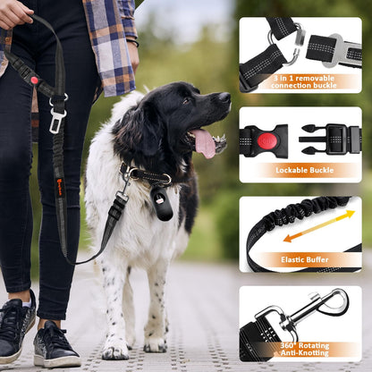 Removable Dog Seat Belt Harness for Car, 3 in 1 Pet Dog Car Seatbelt Leash, Retractable Restraint Secures to Vehicle Headrest & Adjustable Reflective Bungee Dog Seatbelt Tether, Black
