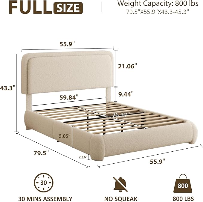 Full Bed Frame, Teddy Velvet Boucle Bed Frame with 43.3"/45.3" Adjustable Upholstered Headboard, Rounded Corners, Mattress Foundation, No Box Spring Required, Beige