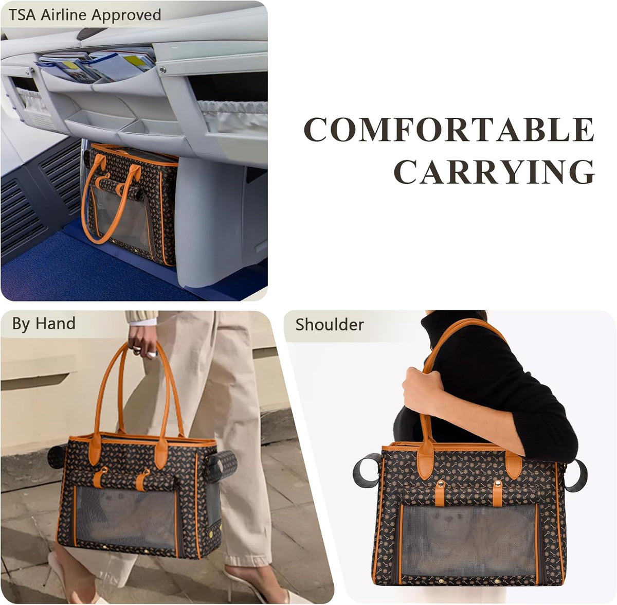Minsong Fashion Pet Carrier Purse for Small Cat and Dog, Luxury Pu Soft-Sided Tote Bag with Large Pockets for Dogs and Puppies (Coffee, 15.8" L x 7.5" W x 11.8" H)