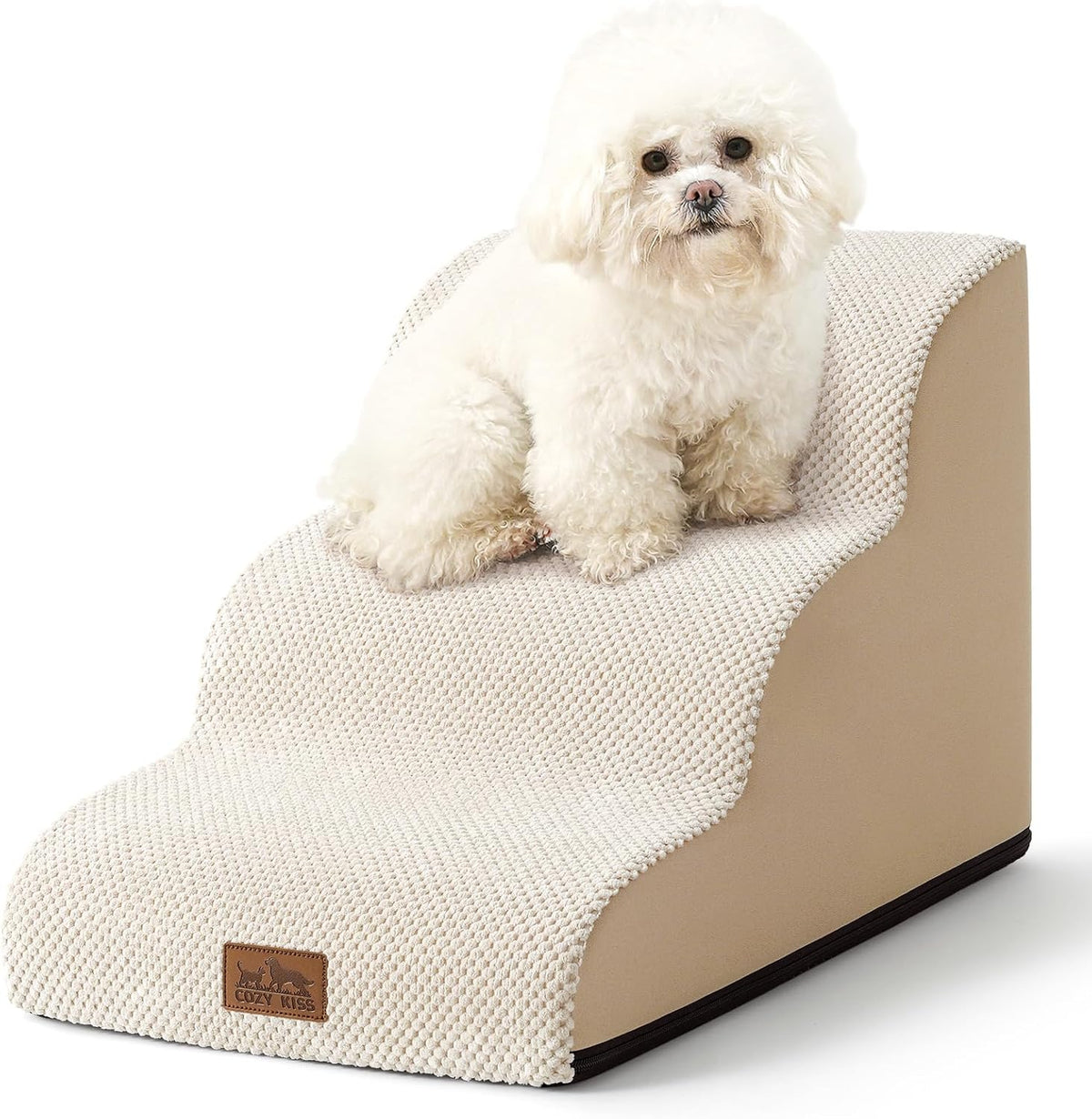 Dog Stairs for Small Dogs 15.7" H, Curved Dog Step for Puppy, Older Cat, Medium Pet Ramp for Sofa, Couch or Chair, Ladder with High Density Foam, 15.7x22.4x15.7 inch, 3 Step, Beige