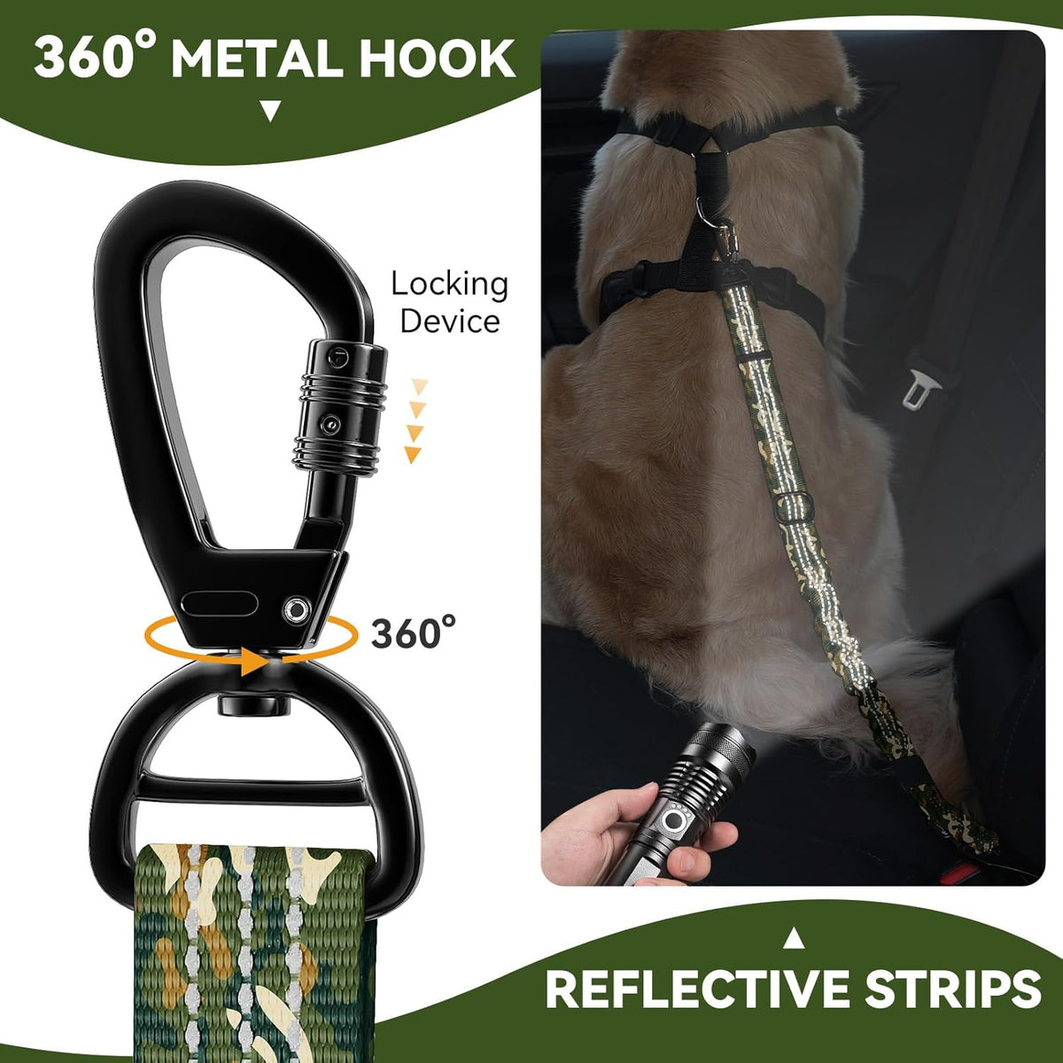 Pawaboo 2Pack Dog Seatbelt for Car, Dog Car Seat Belt Bungee, Dogs Tether with Buckle & Hook Latch, Adjustable Reflective Dogs Cars Harness Leash with 360° Lockable Buckle, Army Green Camouflage