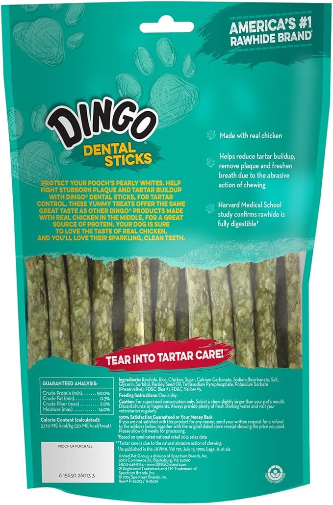 Dingo Dental Sticks for Tarter Control and Freshening Breath, Made with Real Chicken, Great Treats for Small, Medium, and, Large Dogs 20-Count