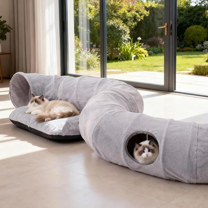 Luxury Plush Cat Tunnel Bed, White Faux Fur, Large Indoor Cat Hideaway, Cozy Sleeping Cave