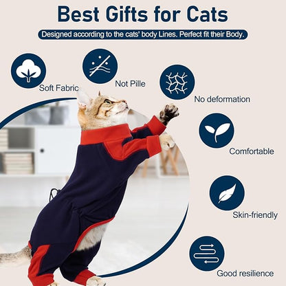 Cat Pajamas for Cats Only, Sticky Hair Cat Clothes, Long Sleeve Sphynx Clothes, Anti-Licking or Skin Disease Recovery Suit for Female Cats, Kitten Onesie Pajamas, DarkBlue, XS