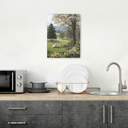 Country Sheep Canvas Wall Decor Farmhouse Rustic Lamb Wildflower Wall Art Nature Countryside Landscape Pictures Painting Print Framed Artwork Decorations for Bathroom Living Room Bedroom 12"x16"