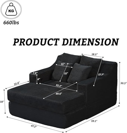 47" Boneless Chaise Lounge Chair Indoor,No Assembly Single Sleeper Upholstered Boneless Couch with 4 Pillows,Comfy Pet Friendly High Weight Capacity Foam for Bedroom,Living Room,Study Room,Black