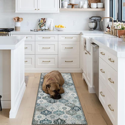Lahome Moroccan Trellis Washable Runner Rug, 2x6 Runners for Hallways 6 Feet Non Slip Vintage Laundry Room Rug Vintage Ultra-Thin Long Carpet for Kitchen Bedroom, Blue