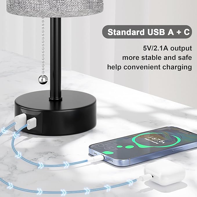 Grey Bedside Lamp for Bedroom Nightstand - Small Table Lamp with USB A + C Charging Port, 3 Color Temperatures Pull Chain Night Stand Light with Bulb, Side Table Desk Reading Lamp for Living Room/Dorm