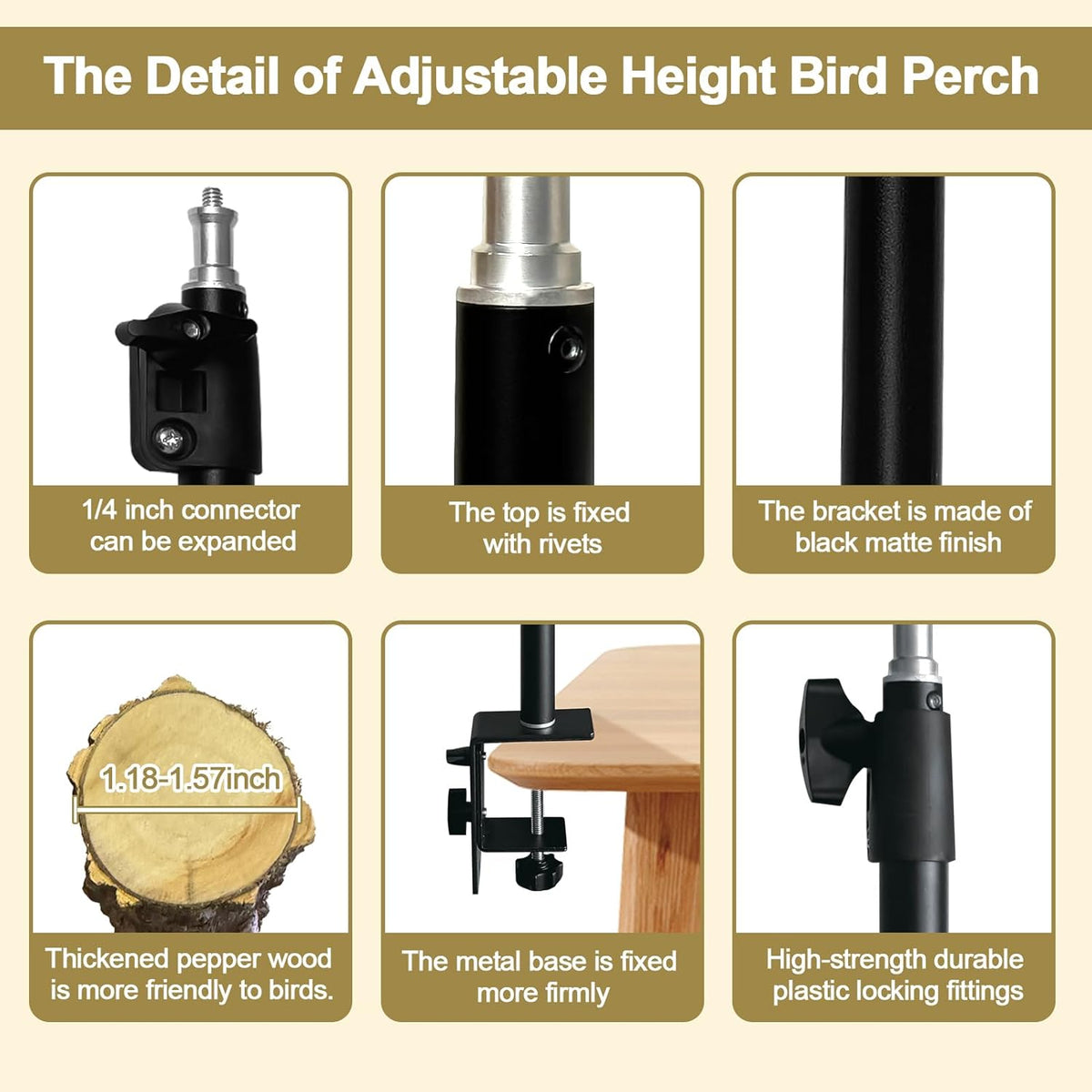 18-27 Inch Height Adjustable Bird Perch Pepper Wood Desktop Bird Training Perch Stand with Feeding Cups and Swing Toy Parakeet Perches Indoor and Outdoor Parrot Stand for Small to Medium Birds