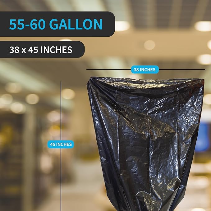 Industrial Grade 50 Count Black Trash Bags, 55-60 Gallon, 2.0 Mil, 36 x 58, Extra Strength, Heavy Duty, Tear and Puncture Resistant, No Ears, Unscented, Durable, No Ties, Made in USA