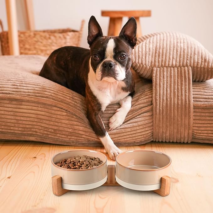 SPUNKYJUNKY Ceramic Dog and Cat Bowl Set with Wooden Stand, Modern Cute Weighted Food Water Bowl Set for Small Size Dogs (1.7 Cups, 2 × Pattern Brown)